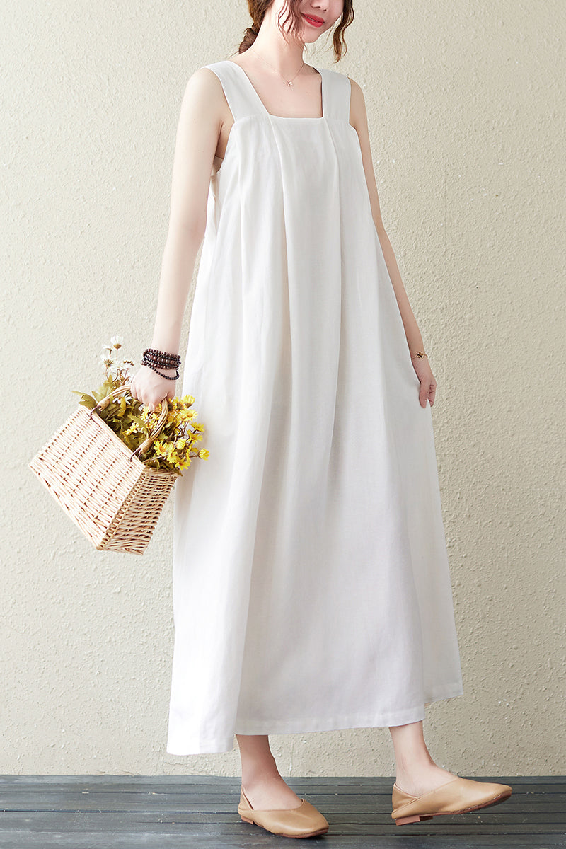 White Summer Sleeveless Midi Linen Dress C2839