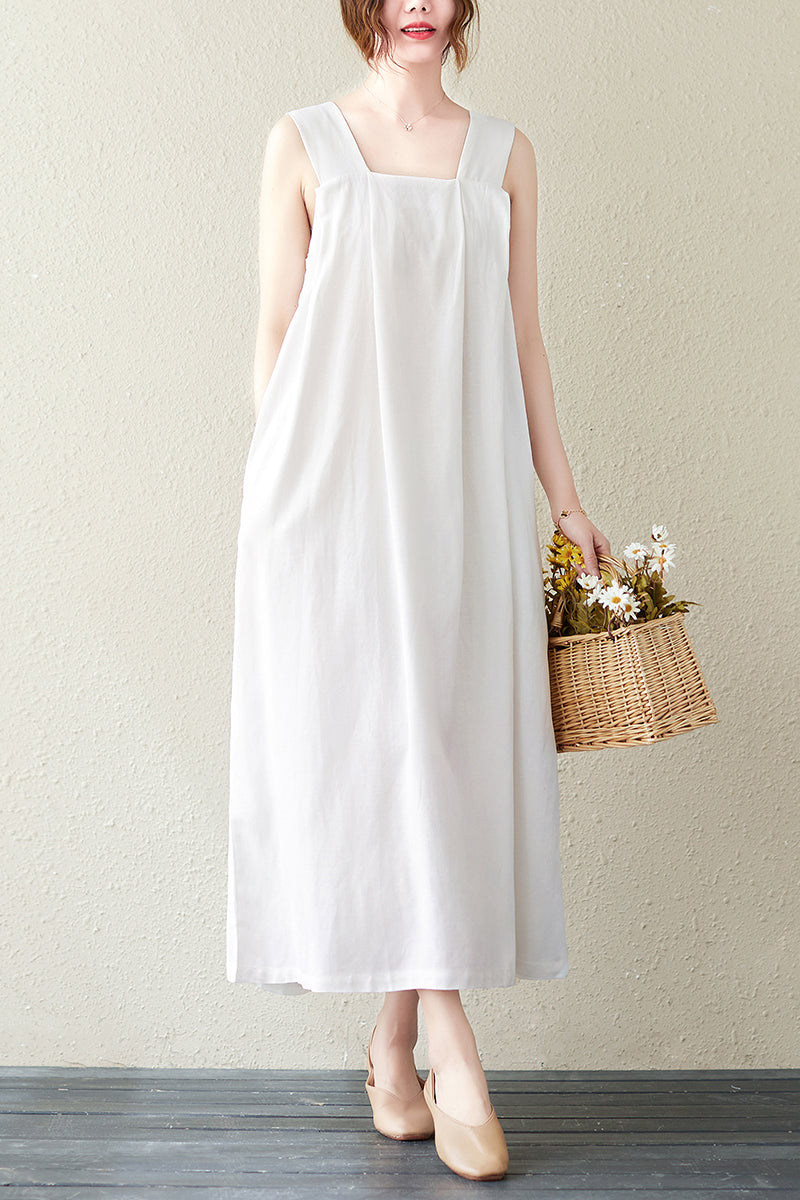 White Summer Sleeveless Midi Linen Dress C2839
