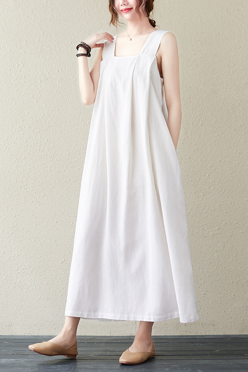 White Summer Sleeveless Midi Linen Dress C2839
