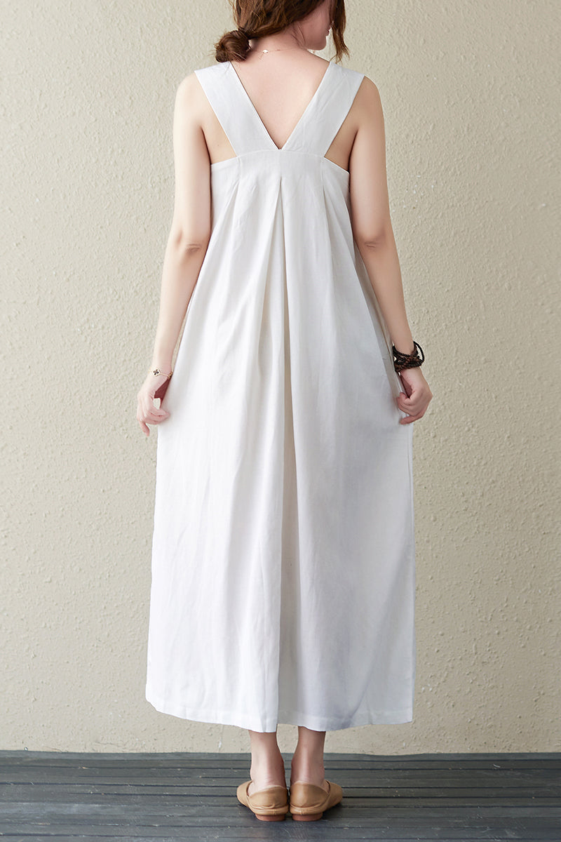 White Summer Sleeveless Midi Linen Dress C2839