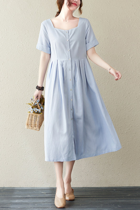 Light Blue Linen Cotton Midi Dress - Square Collar, Front Button Up C2840