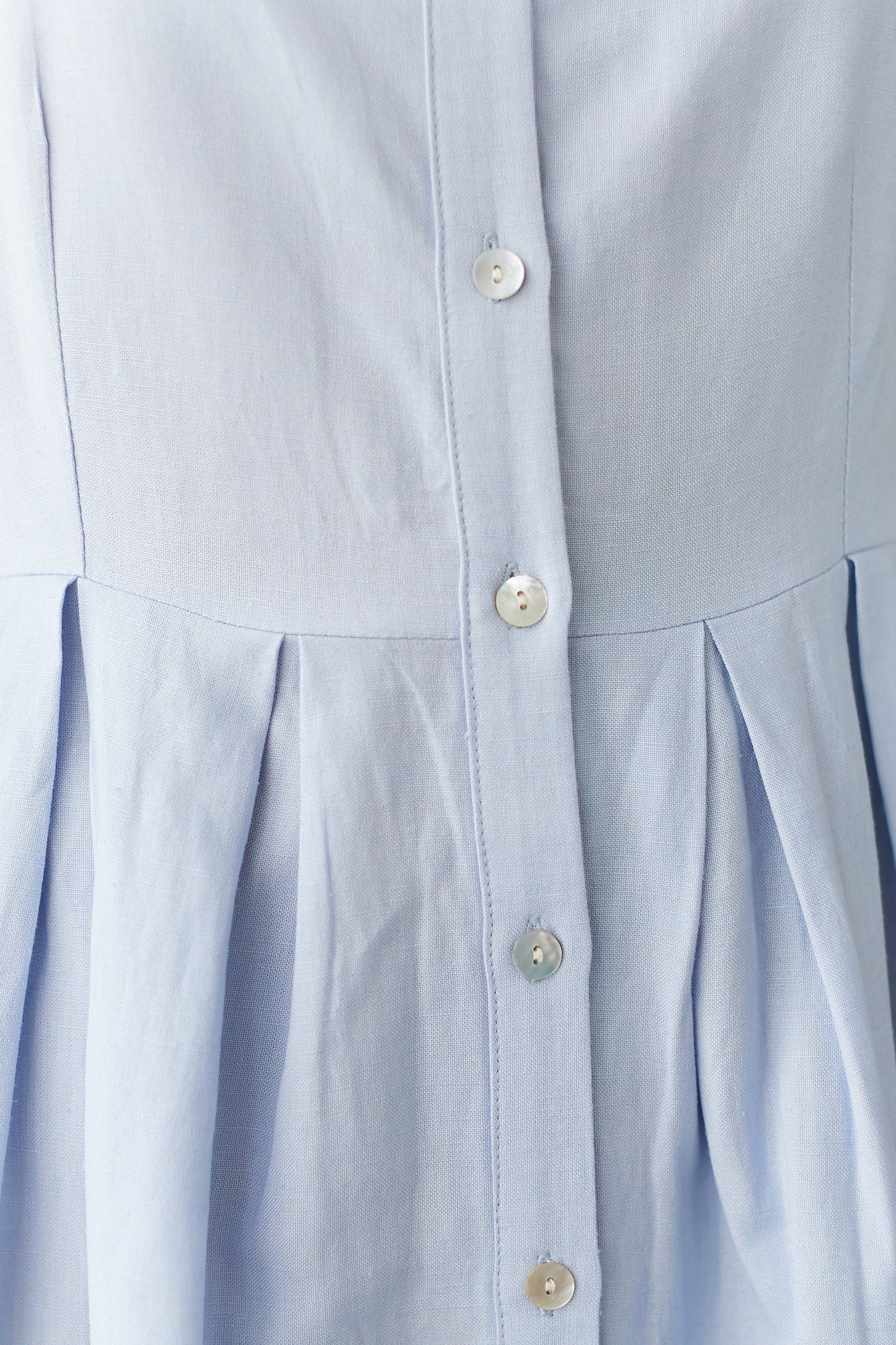 Light Blue Linen Cotton Midi Dress - Square Collar, Front Button Up C2840