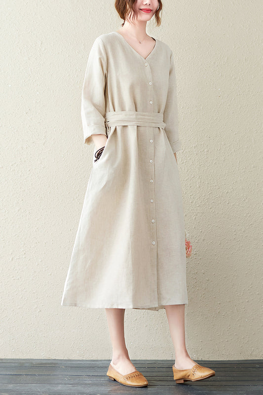 Beige Cotton Linen Midi Dress - V-Neck, Button-Up, Side Pockets C2841