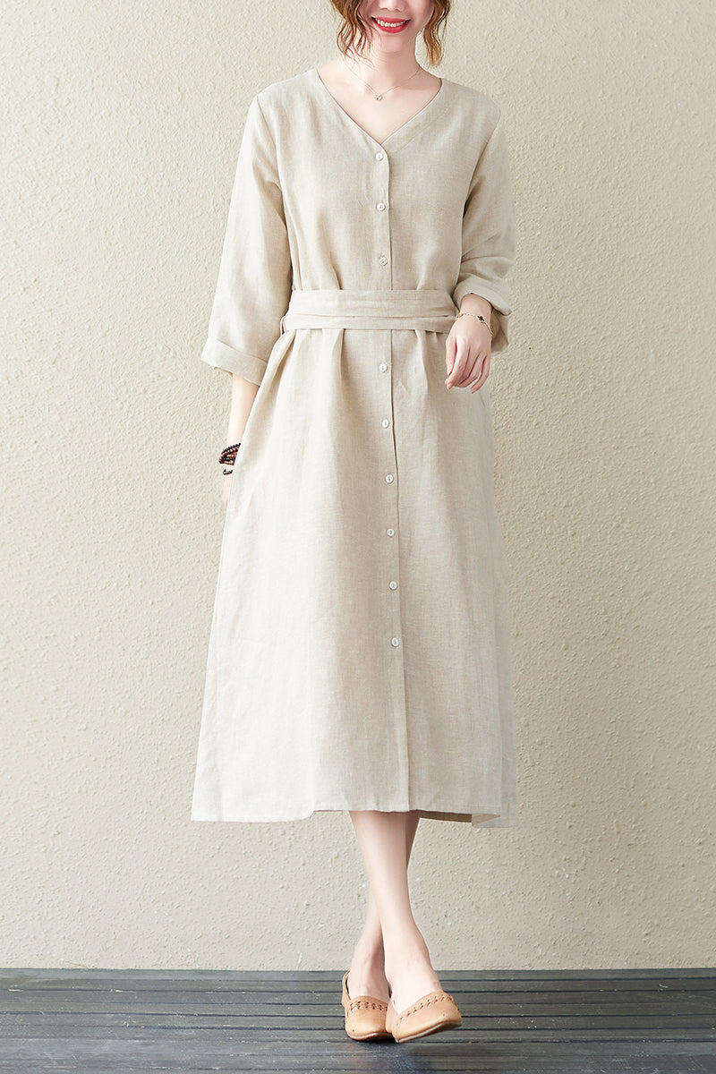 Beige Cotton Linen Midi Dress - V-Neck, Button-Up, Side Pockets C2841