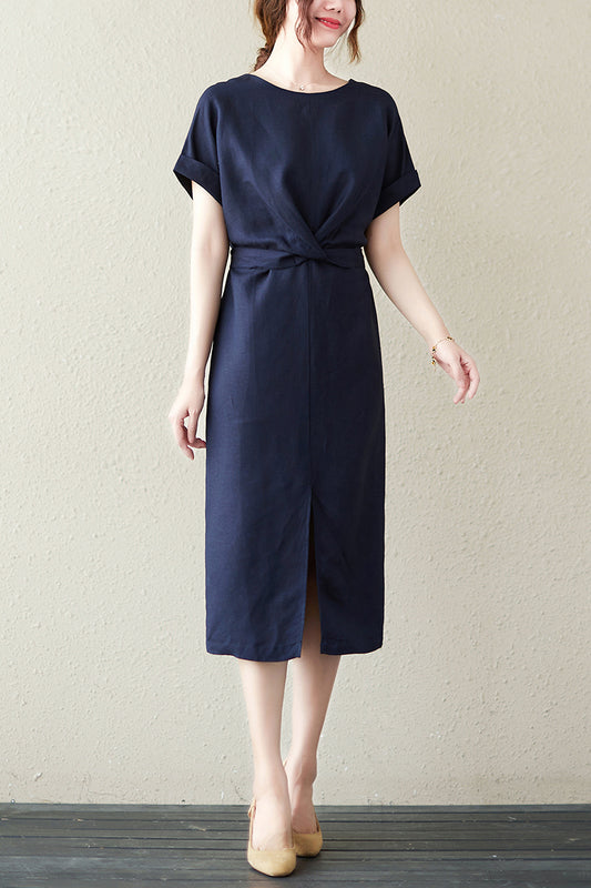 Dark Blue Cotton Linen Midi Dress - Relaxed Fit with Front Slit C2843