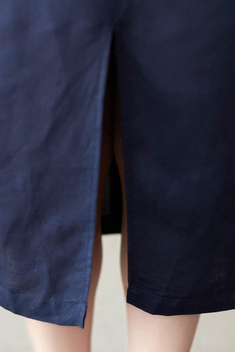 Dark Blue Cotton Linen Midi Dress - Relaxed Fit with Front Slit C2843