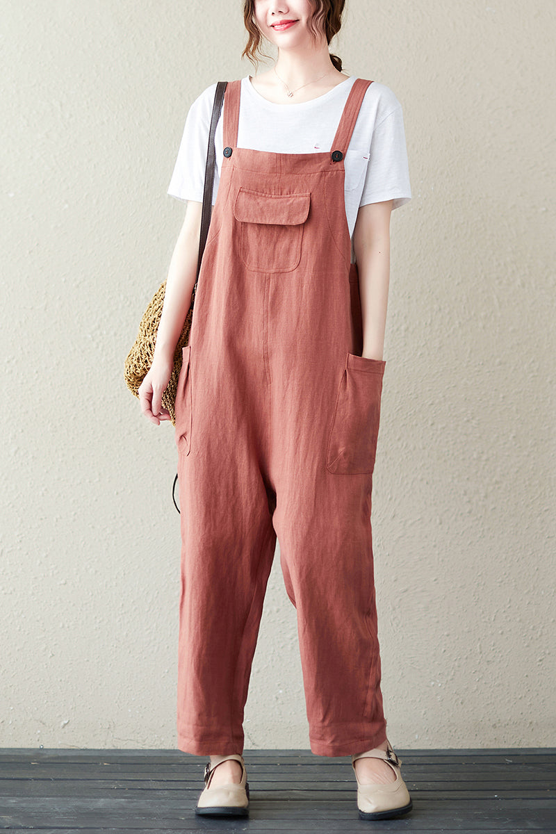 Orange Casual Cropped Linen Overalls C2845