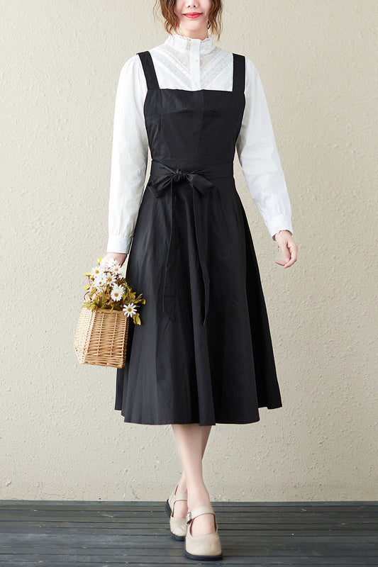 Black Cotton Suspender Midi Dress - Flowy A-Line Silhouette C2846