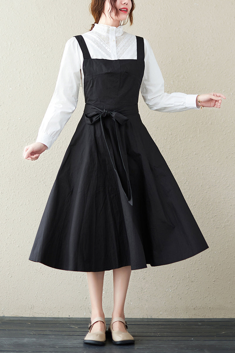Spring Summer Black Suspender Midi Dress C2846