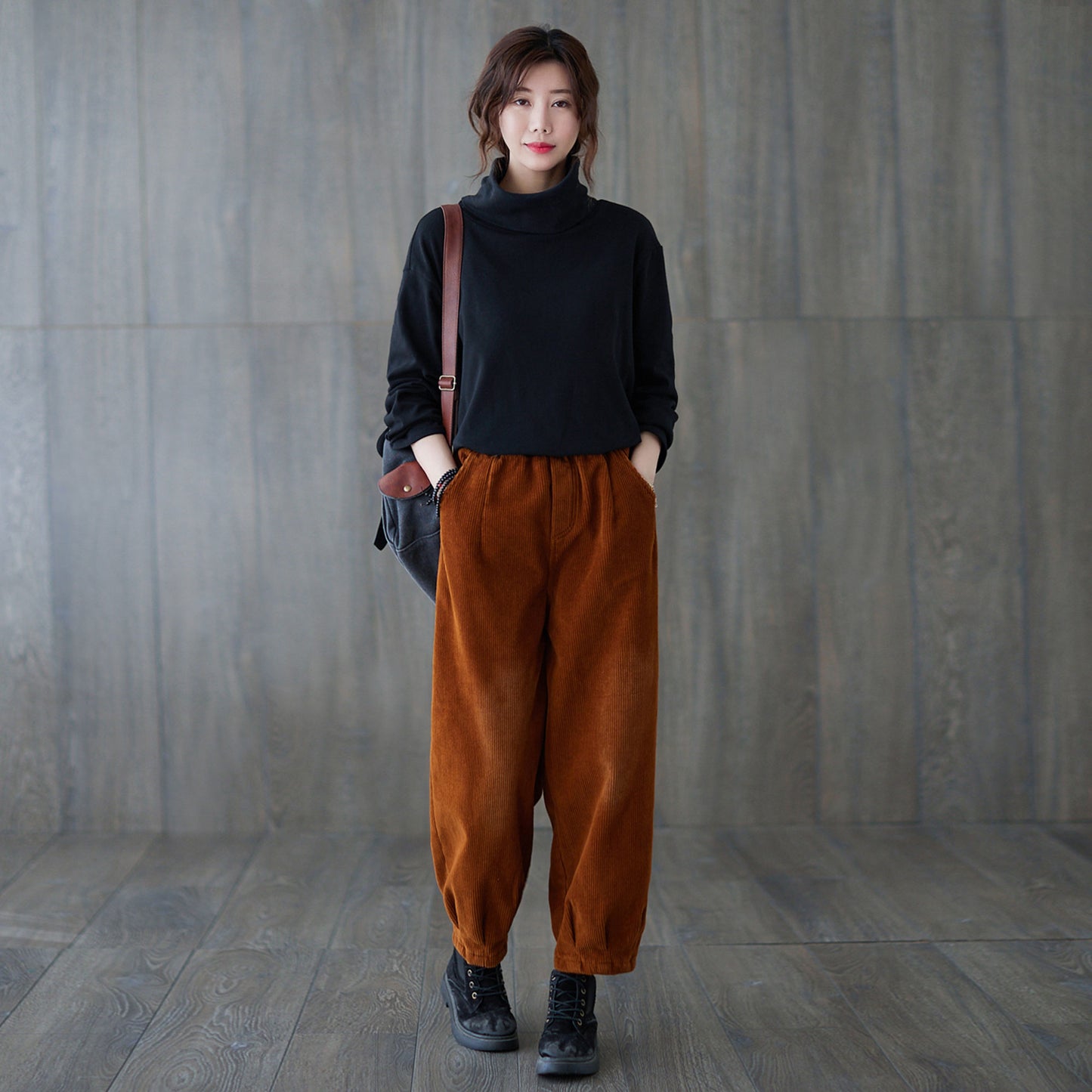 Brown Casual High Waist Corduroy Pants C181701