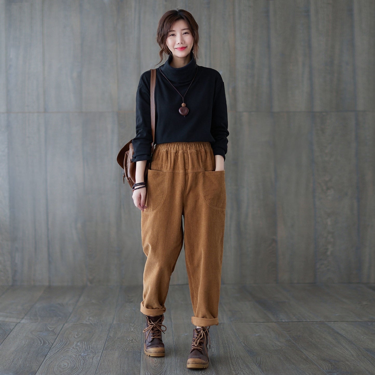 Brown Casual Elastic Waist Corduroy Pants C181801