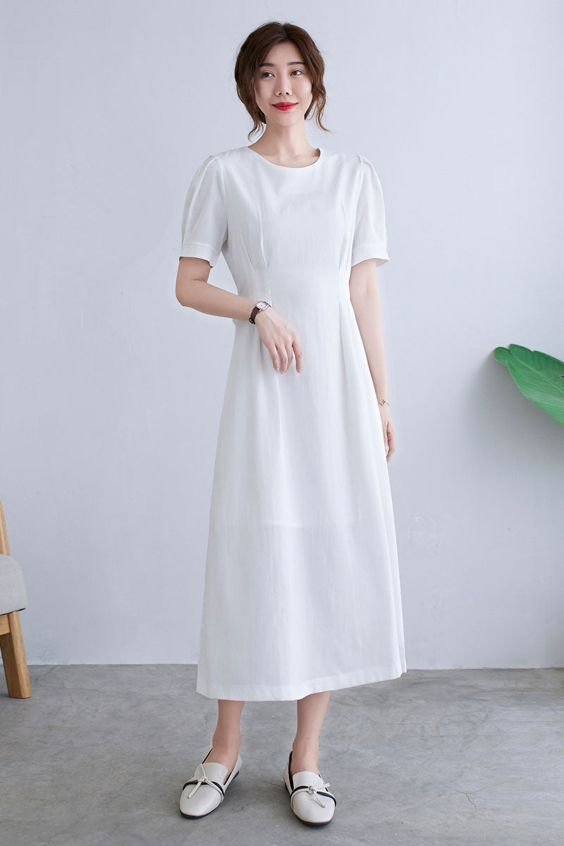 White Puffy Short Sleeve Linen Dress For Women C229901