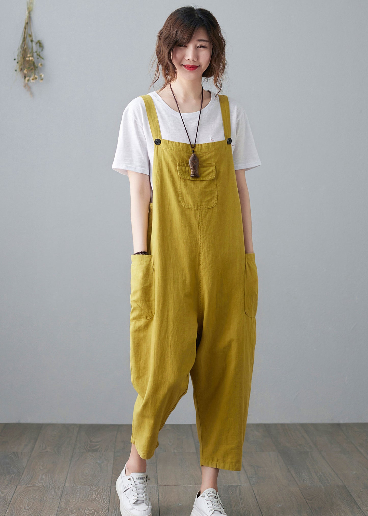 Yellow Casual Cropped Linen Jumpsuits C2100