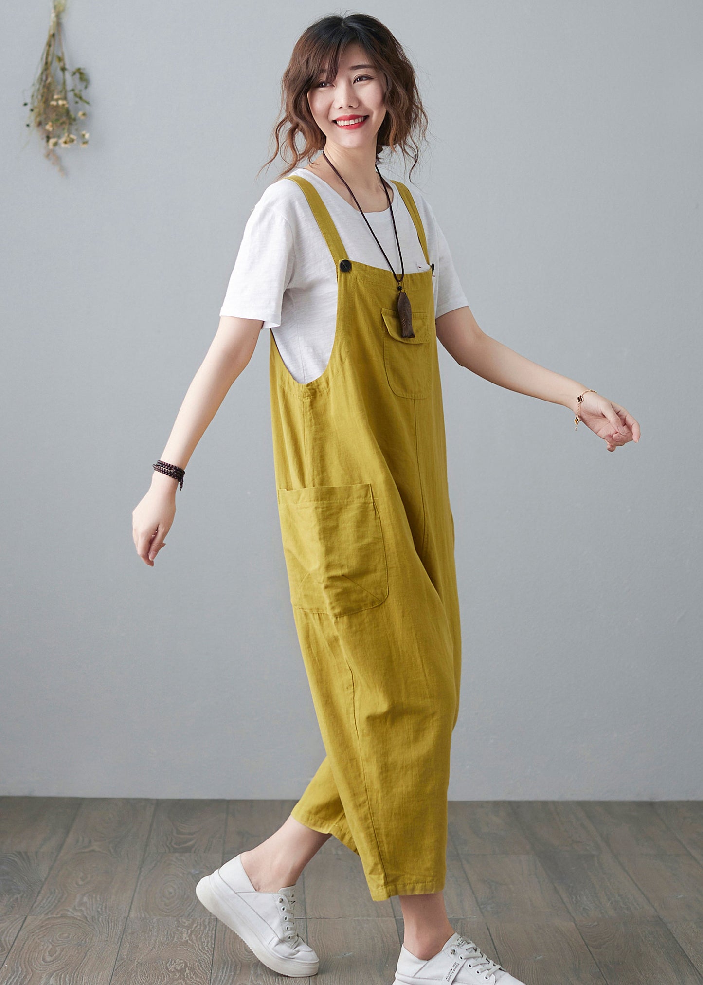 Yellow Casual Cropped Linen Jumpsuits C2100