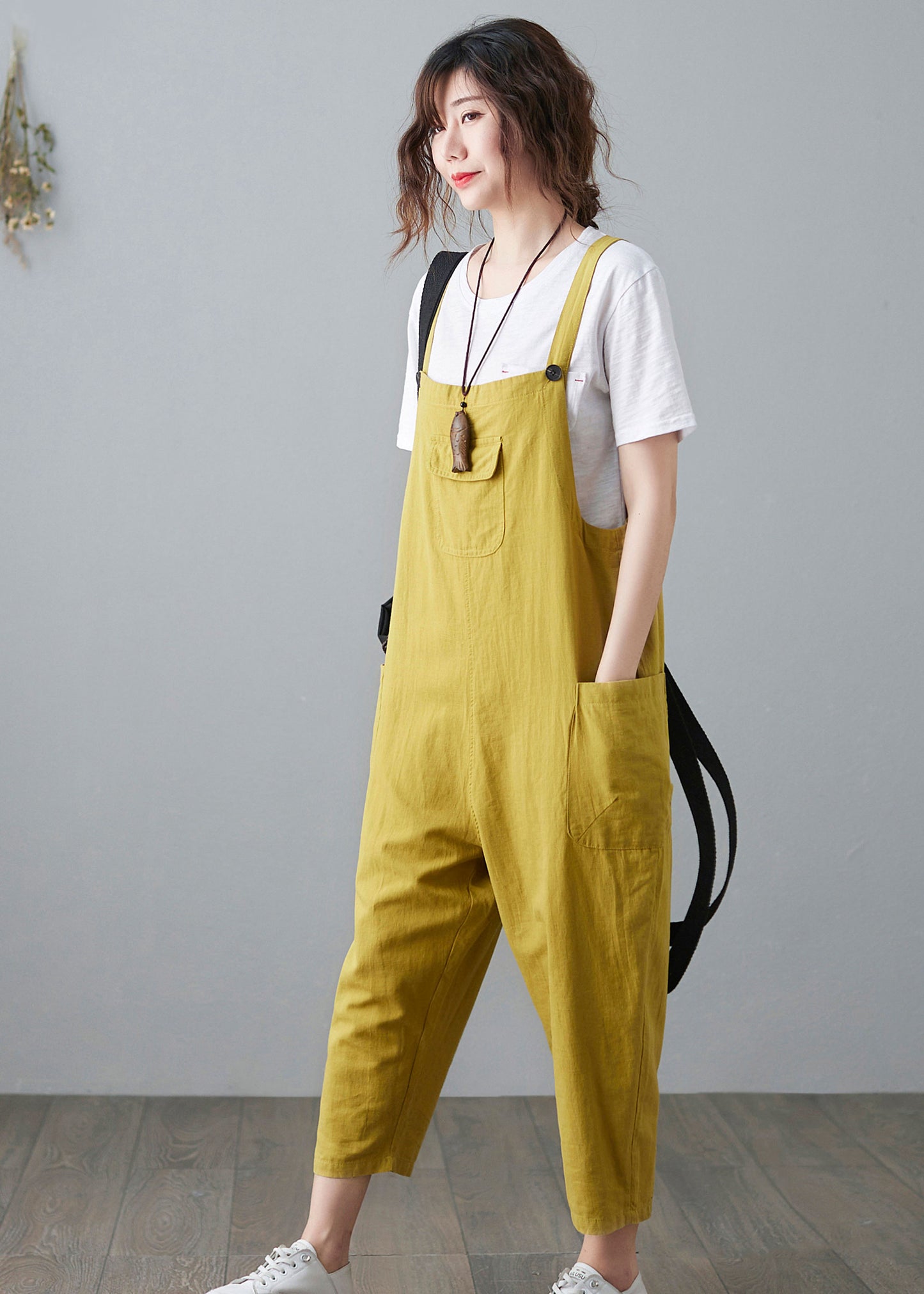 Yellow Casual Cropped Linen Jumpsuits C2100