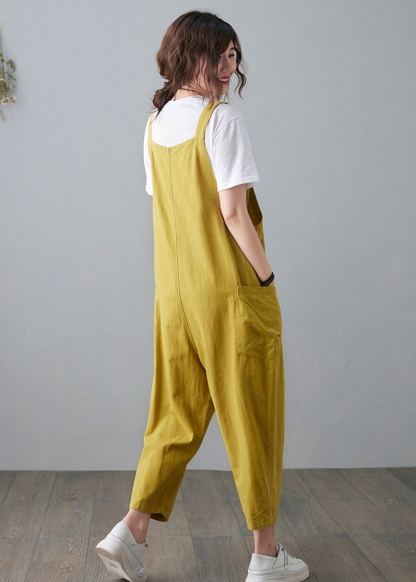 Yellow Casual Cropped Linen Jumpsuits C2100