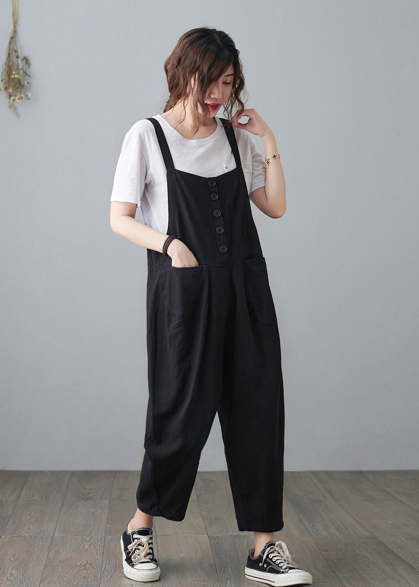 Black Casual Cropped Linen Jumpsuits C210201