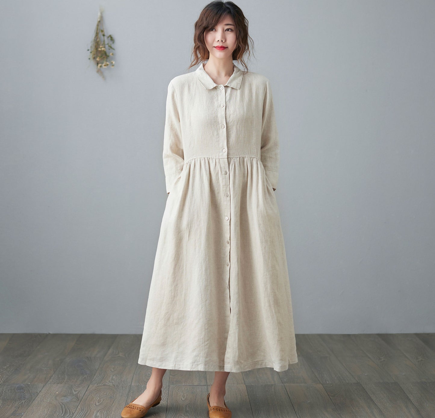 Collared Midi Linen Shirt Dress for Women C210502