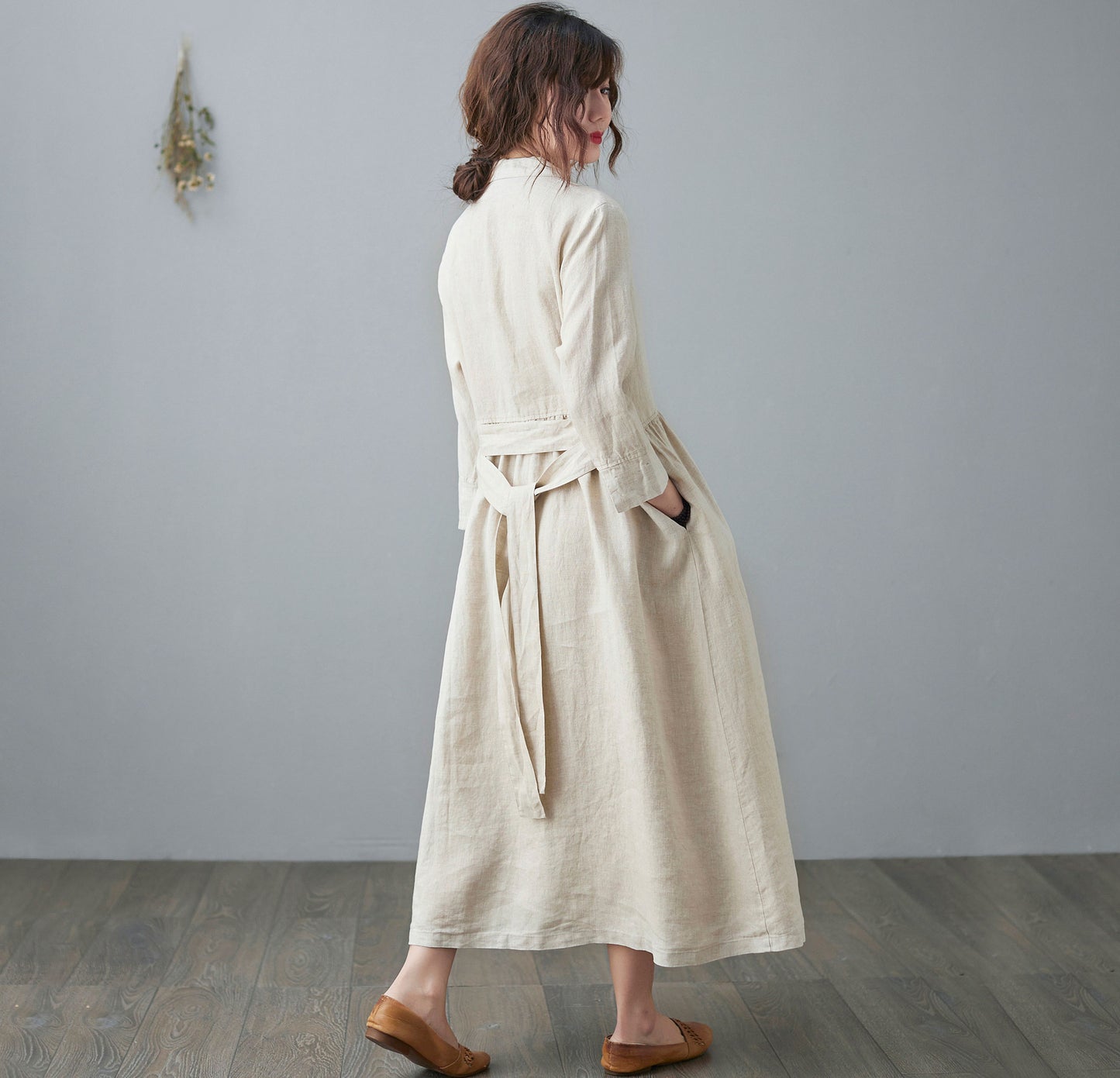 Collared Midi Linen Shirt Dress for Women C210502