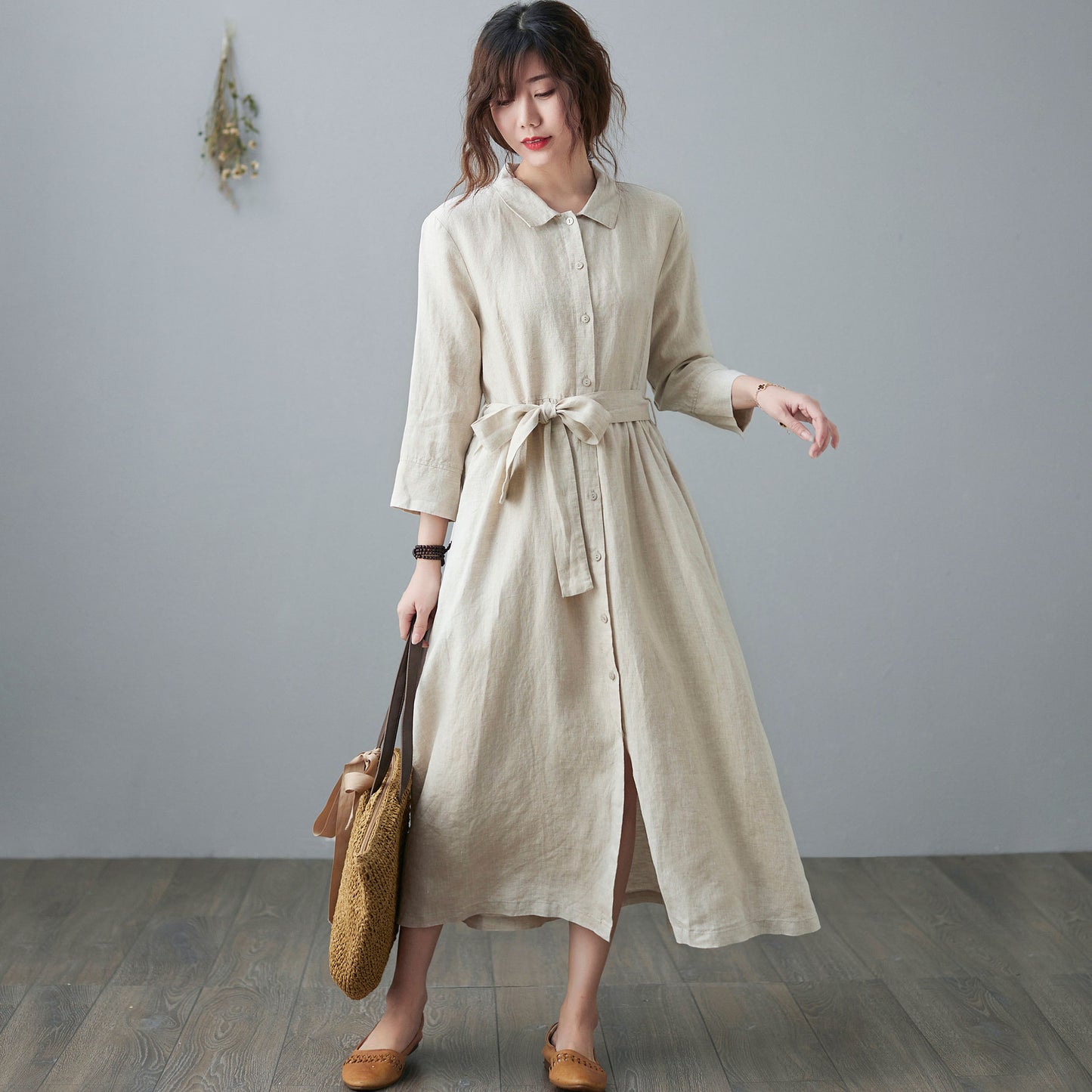Collared Midi Linen Shirt Dress for Women C210502