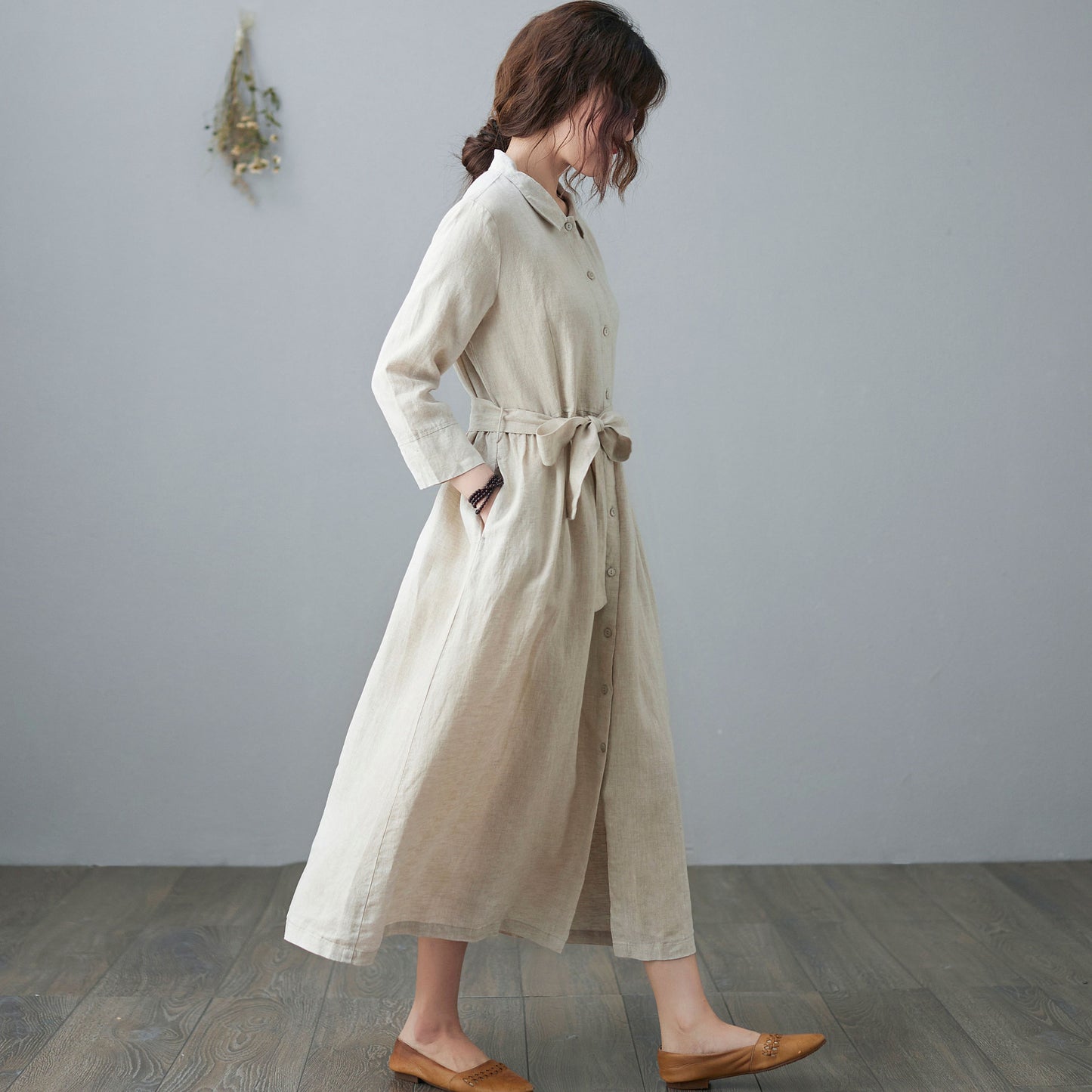 Collared Midi Linen Shirt Dress for Women C210502