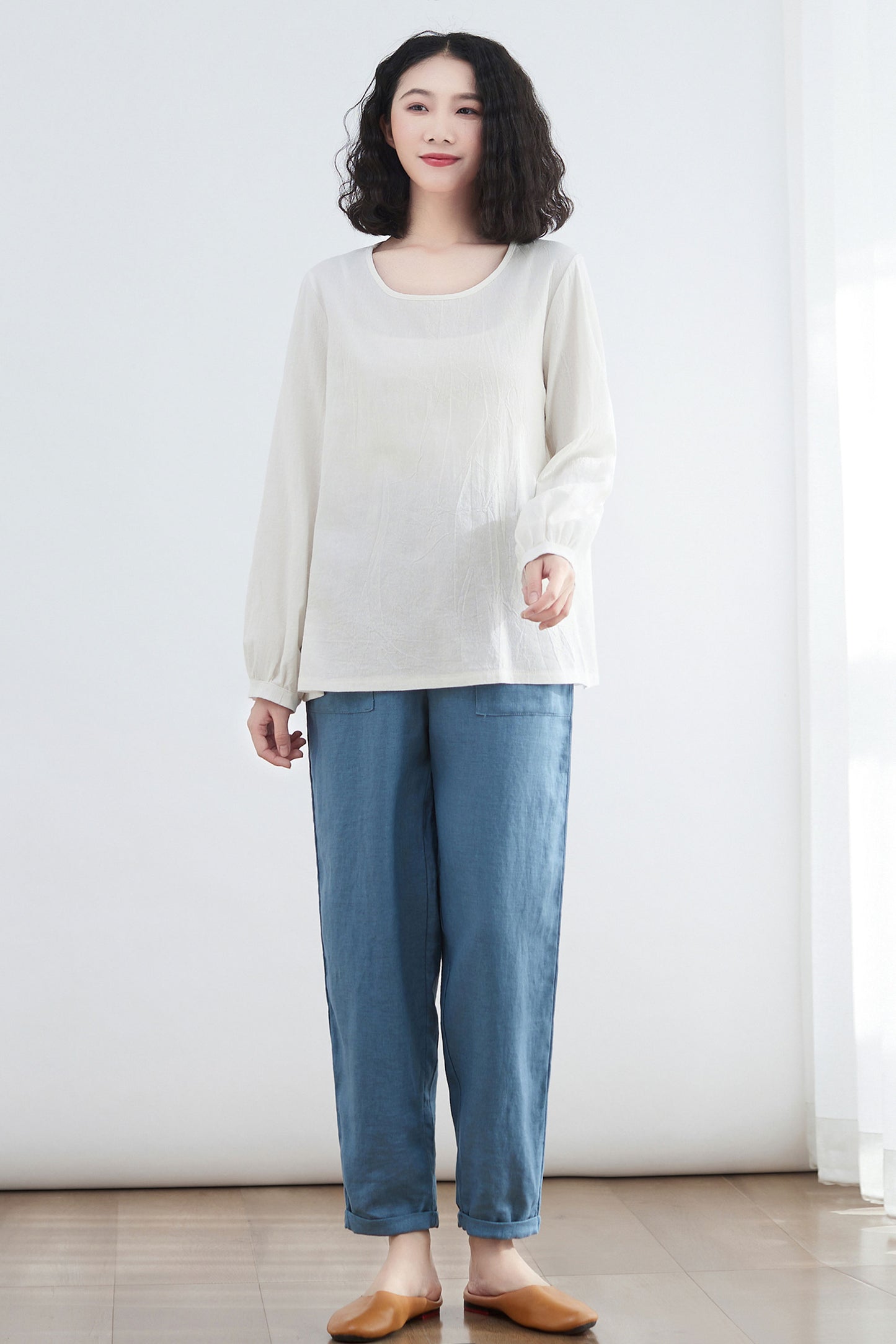 Oversize Casual Linen Blouses in White C2675