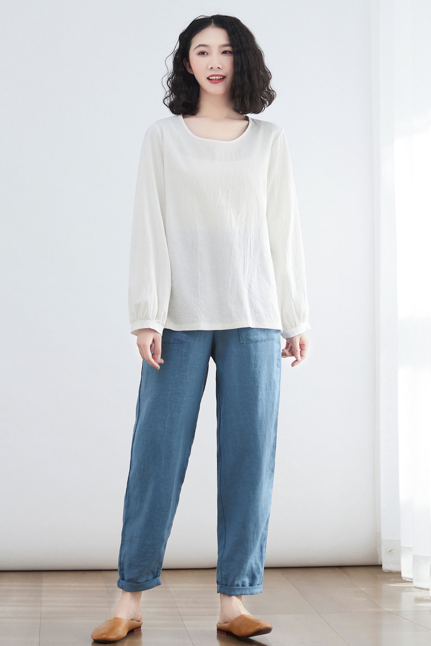 Oversize Casual Linen Blouses in White C2675