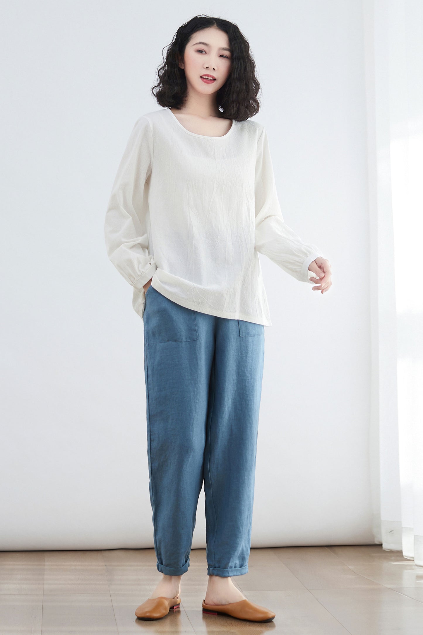 Oversize Casual Linen Blouses in White C2675
