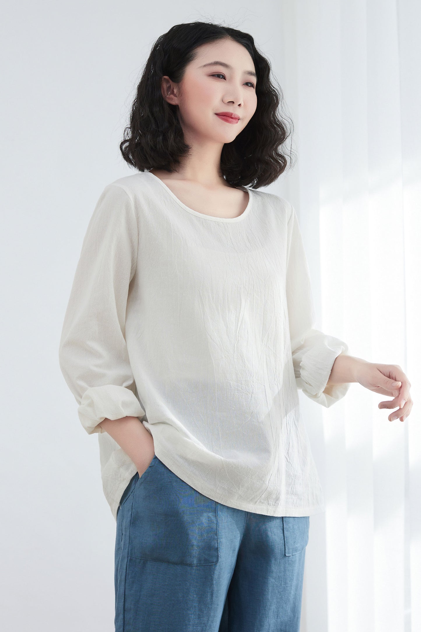 Oversize Casual Linen Blouses in White C2675