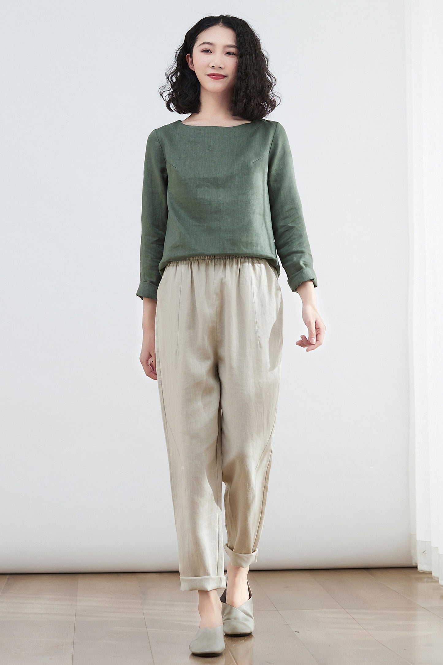 Elastic Waist Causal Tapered Linen Pants C2683