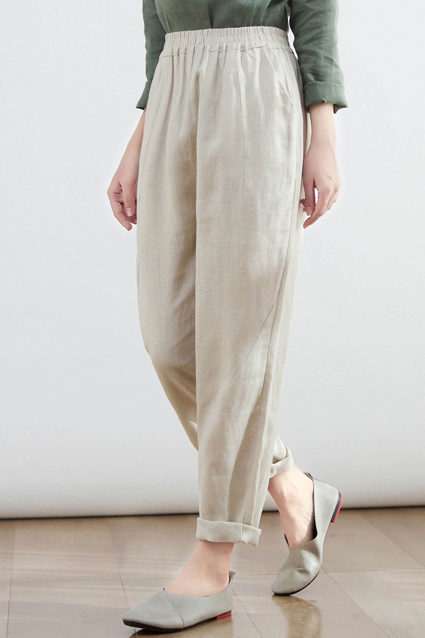 Elastic Waist Causal Tapered Linen Pants C2683