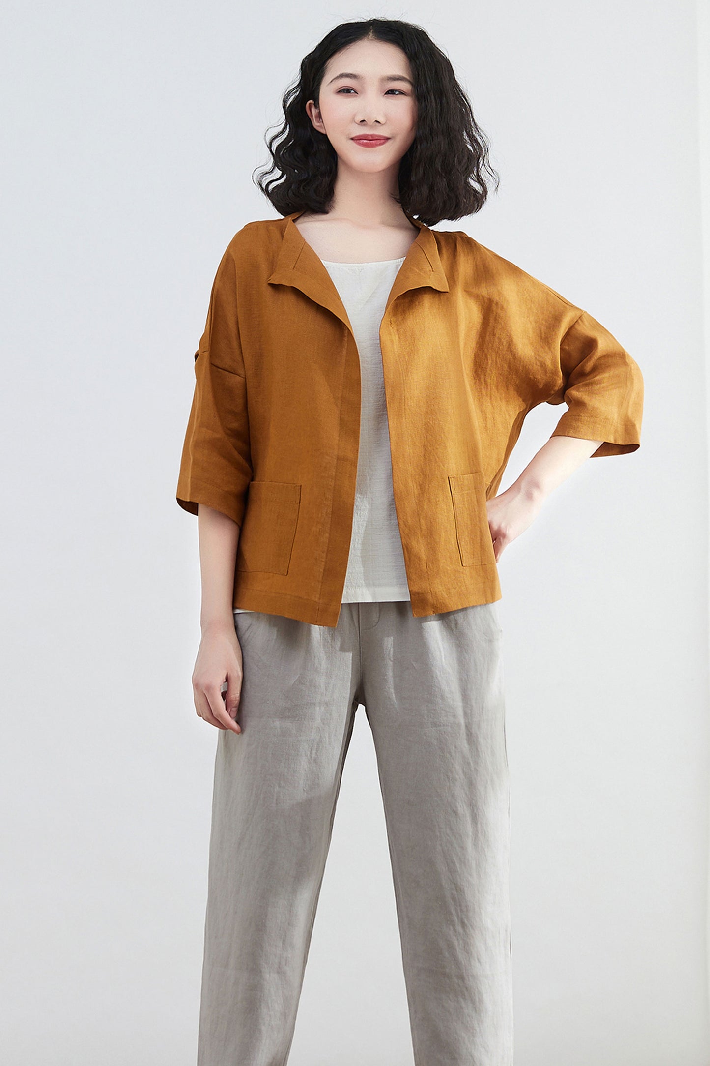 womens loose fit linen Cardigan tops C2684