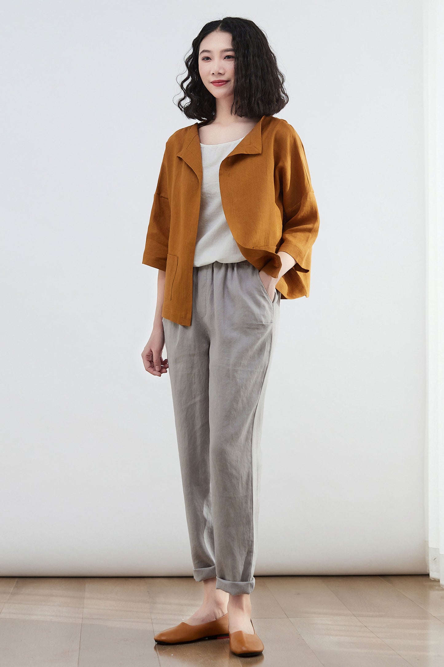 womens loose fit linen Cardigan tops C2684