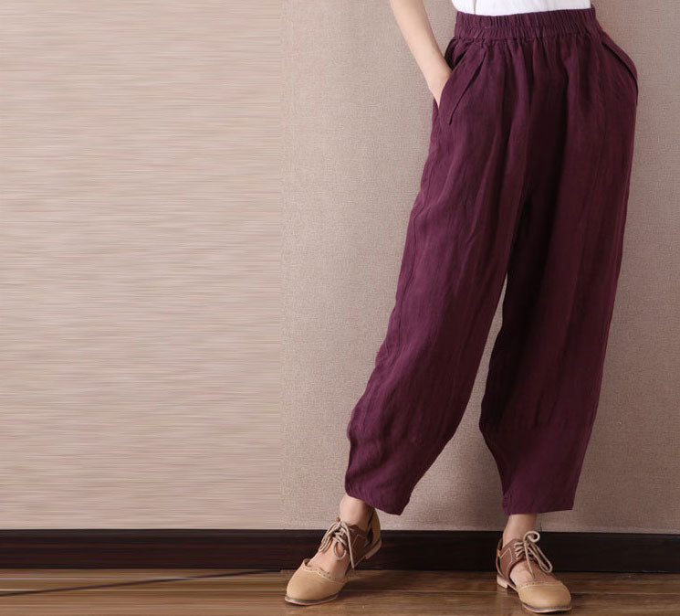 Casual wild leg linen pants with elastic waist A007