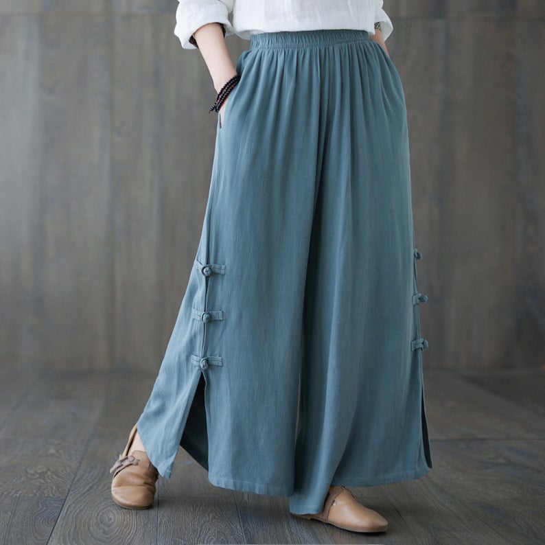 Blue Elastic Waist Wide Leg Linen Pants C1816
