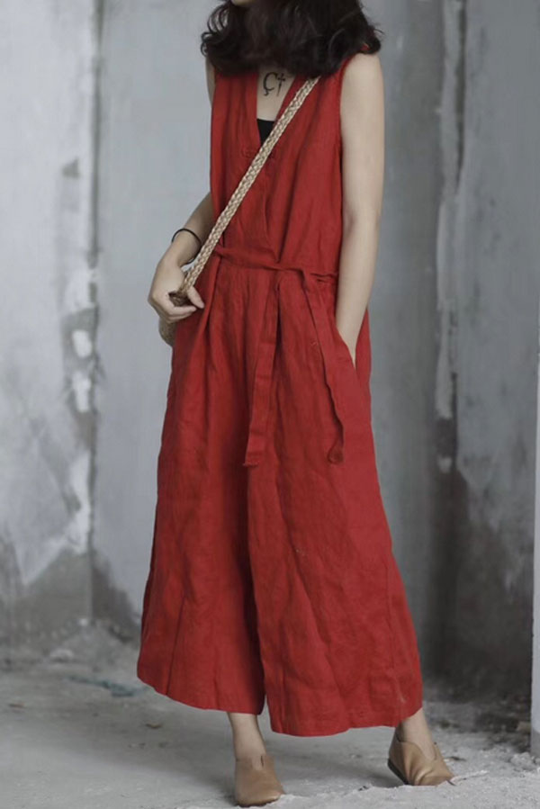 V Neck Black Linen Jumpsuits C2393