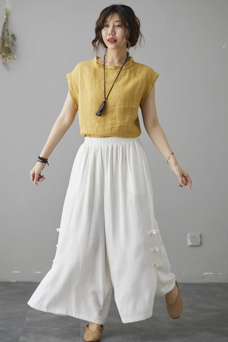 White Elastic Waist Wide Leg Linen Pants C181604