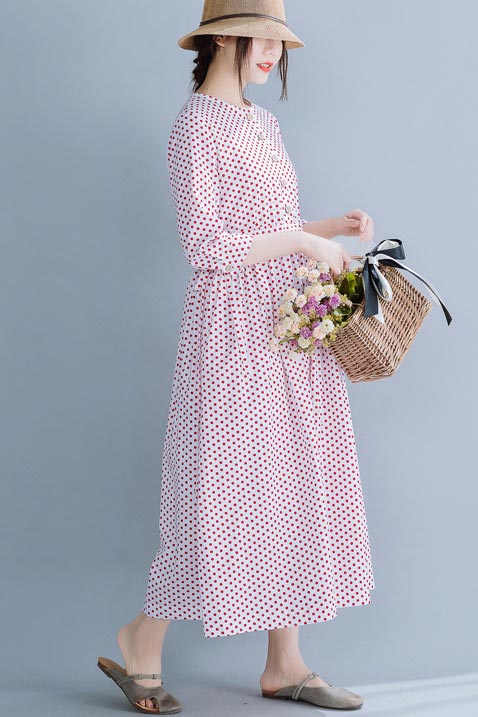 Cotton round collar long dress waist show slim temperament dress 190233