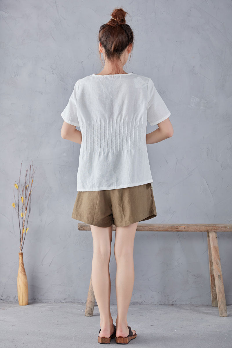 V Neck Basic Short Sleeve Linen Tops C2248#YY02993