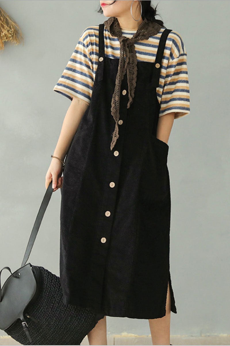 Black Corduroy Strap Dress C2447