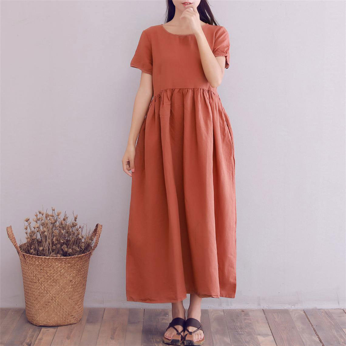 short sleeve loose fit linen maxi dress A008