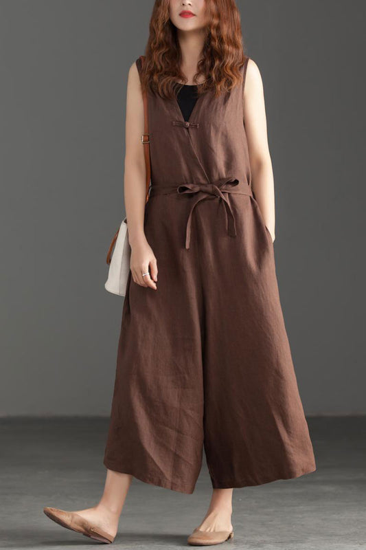 Brown Linen Wide Leg Jumpsuit - Soft Fabric with Side Pockets C2392