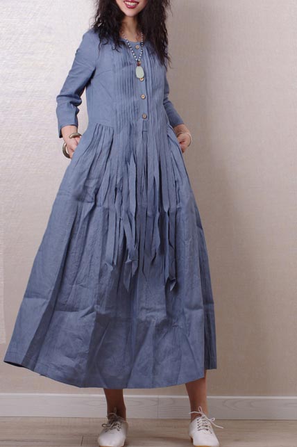Literary style retro pleated long sleeves  linen maxi dress 190237