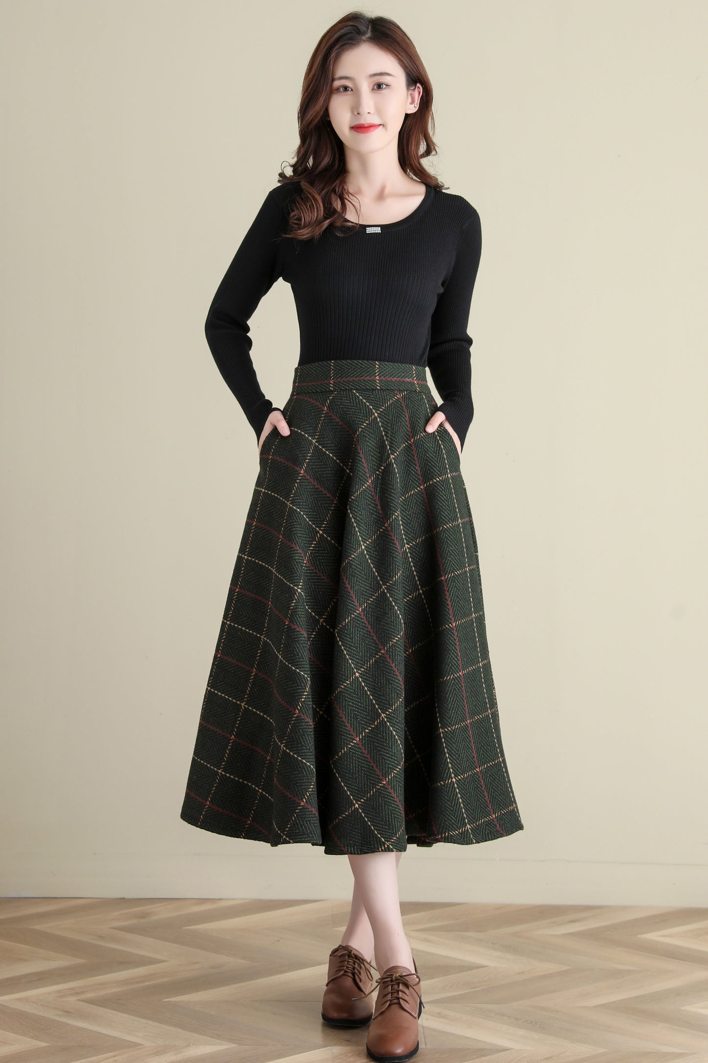 Winter Green Midi Wool Plaid Skirt, Swing Tartan wool Skirt C251201