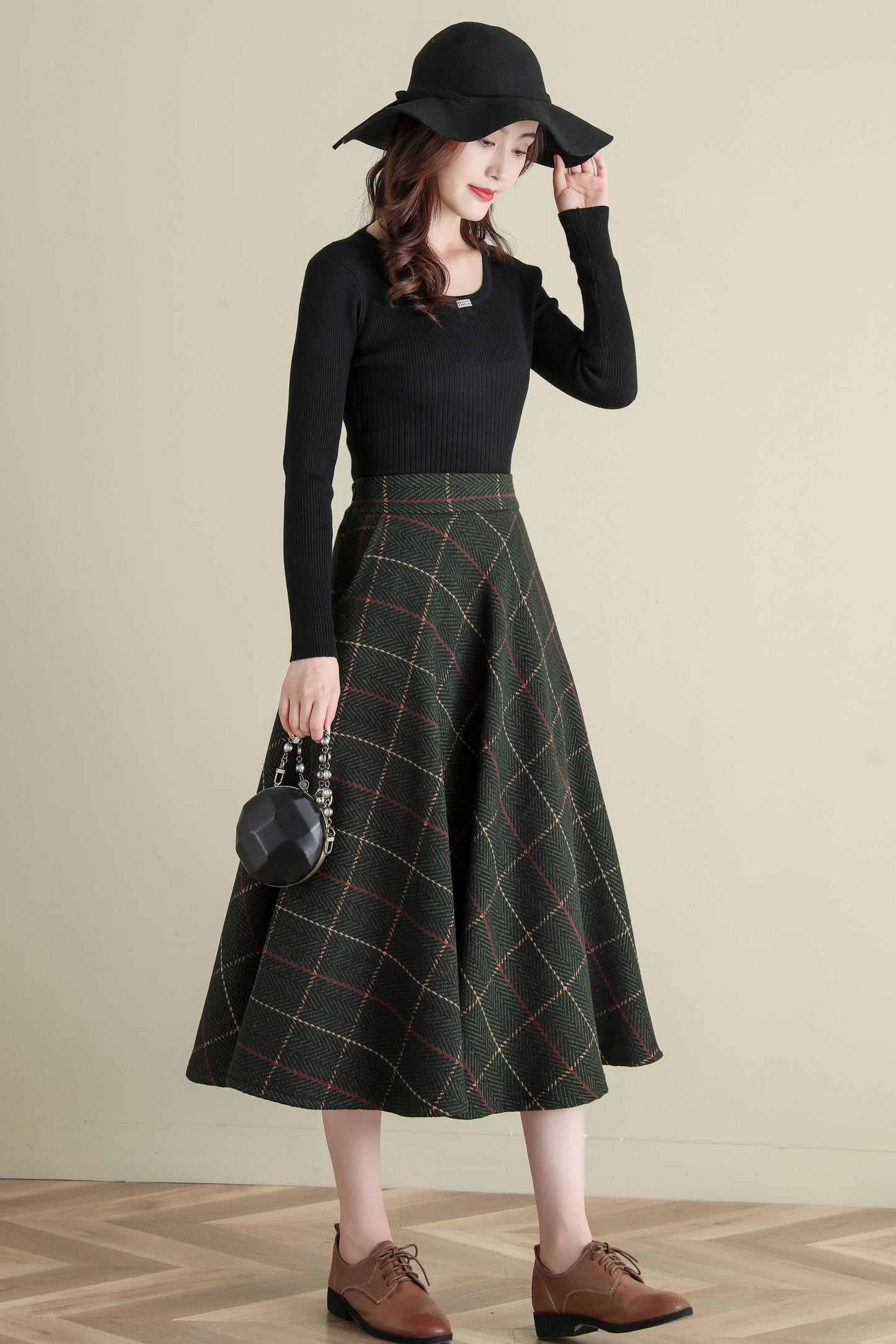 Winter Green Midi Wool Plaid Skirt, Swing Tartan wool Skirt C251201
