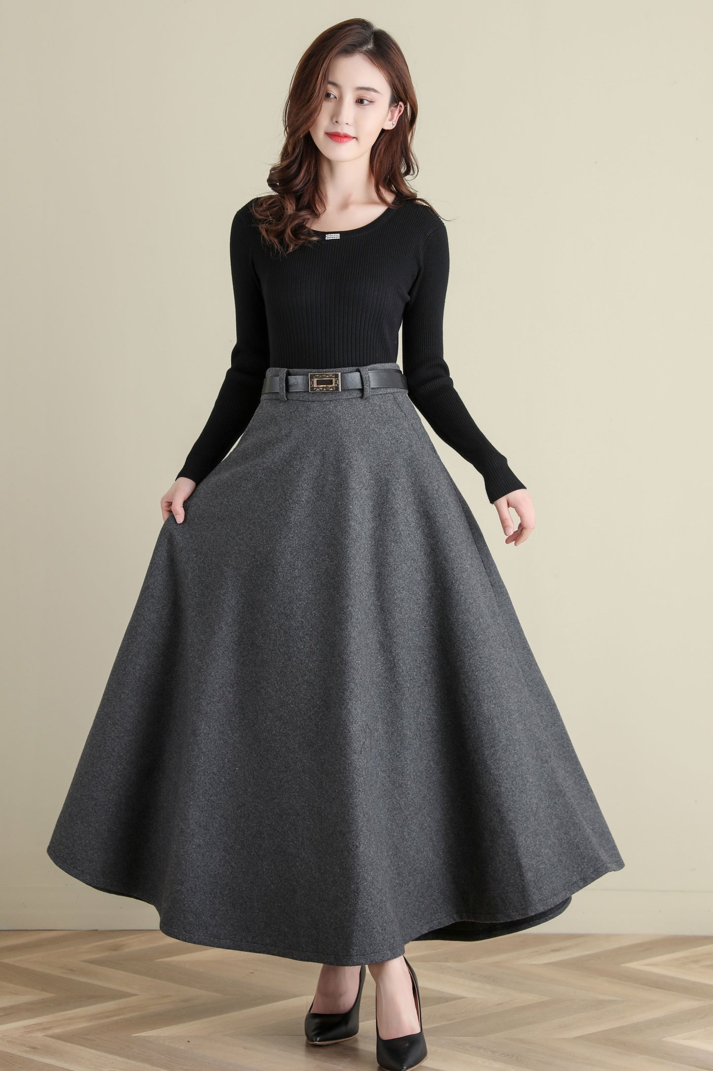 Thick Elastic Waist Maxi Wool Skirt, Swing Skirt, Full Skirt C2515