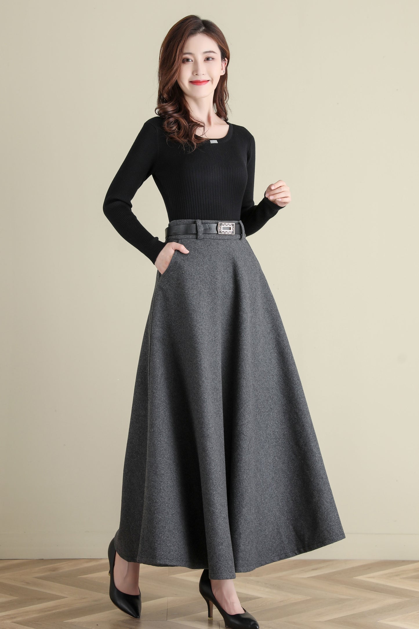 Thick Elastic Waist Maxi Wool Skirt, Swing Skirt, Full Skirt C2515