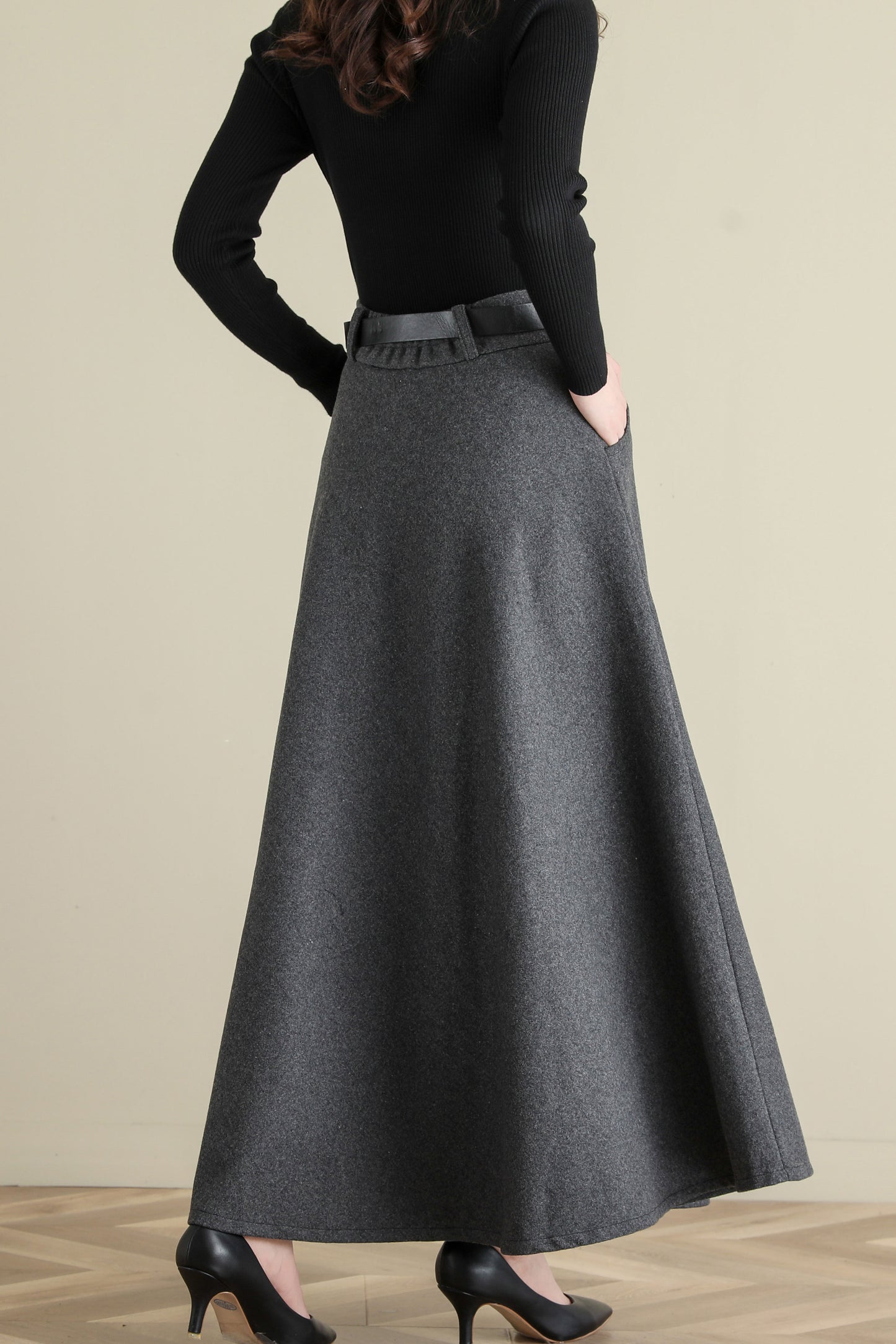 Thick Elastic Waist Maxi Wool Skirt, Swing Skirt, Full Skirt C2515