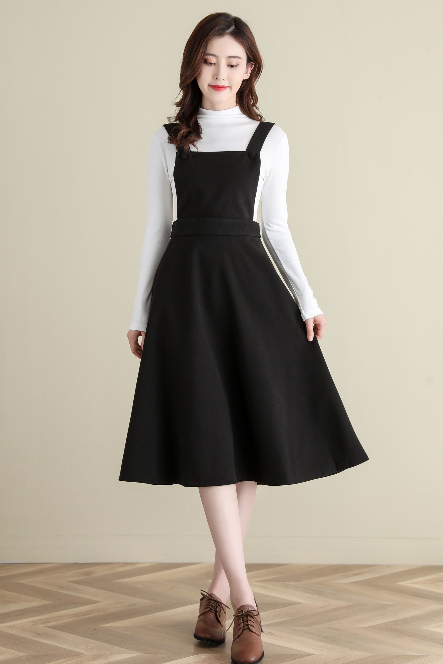 Black Wool Pinafore Dress, Midi wool dress C2516