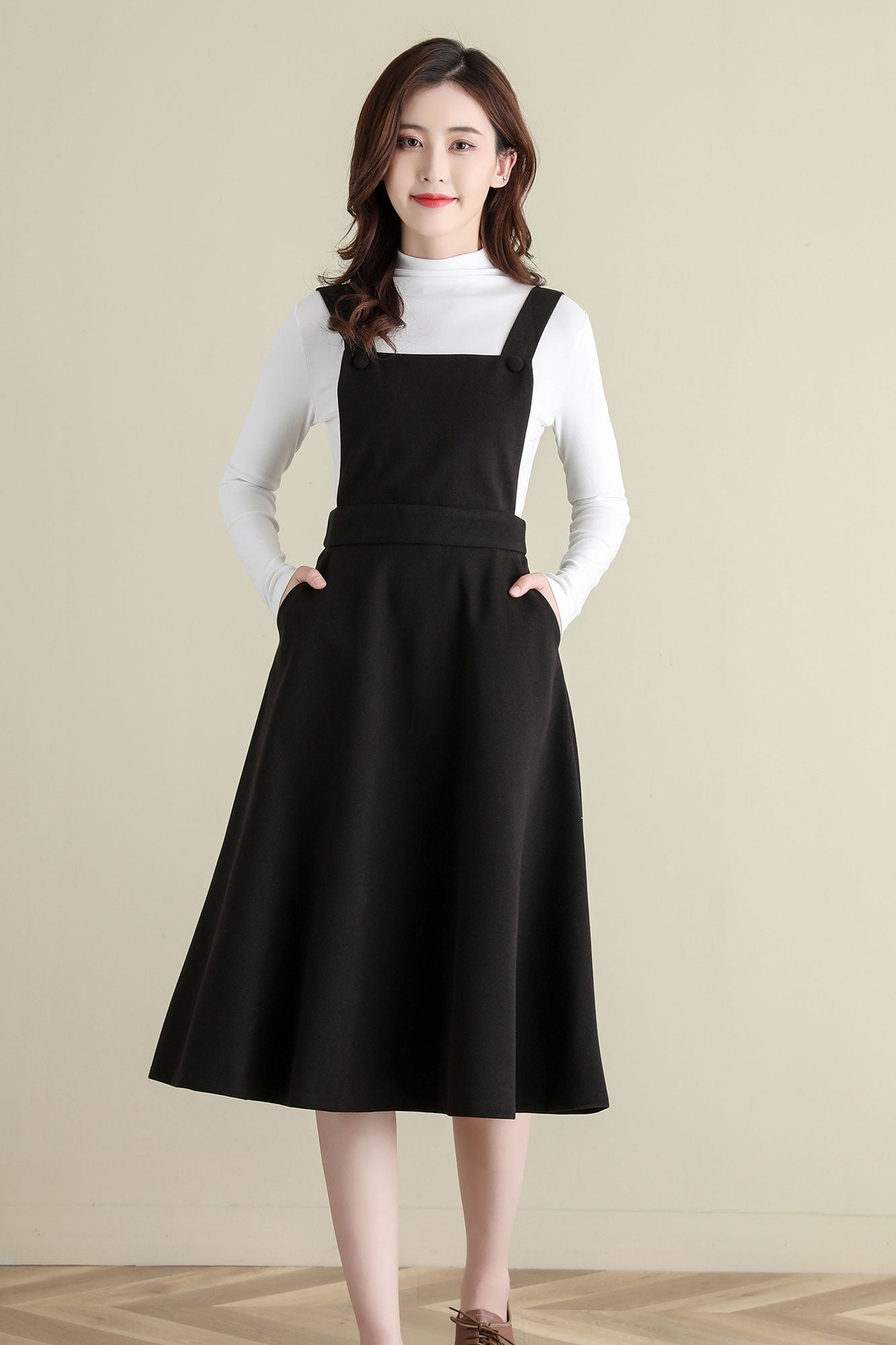 Black Wool Pinafore Dress, Midi wool dress C2516